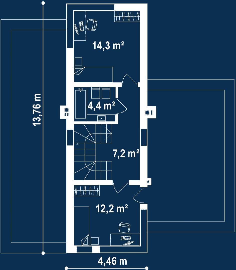 Plan etaj Casă cu etaj 119 mp utili, un dormitor, 2 băi
