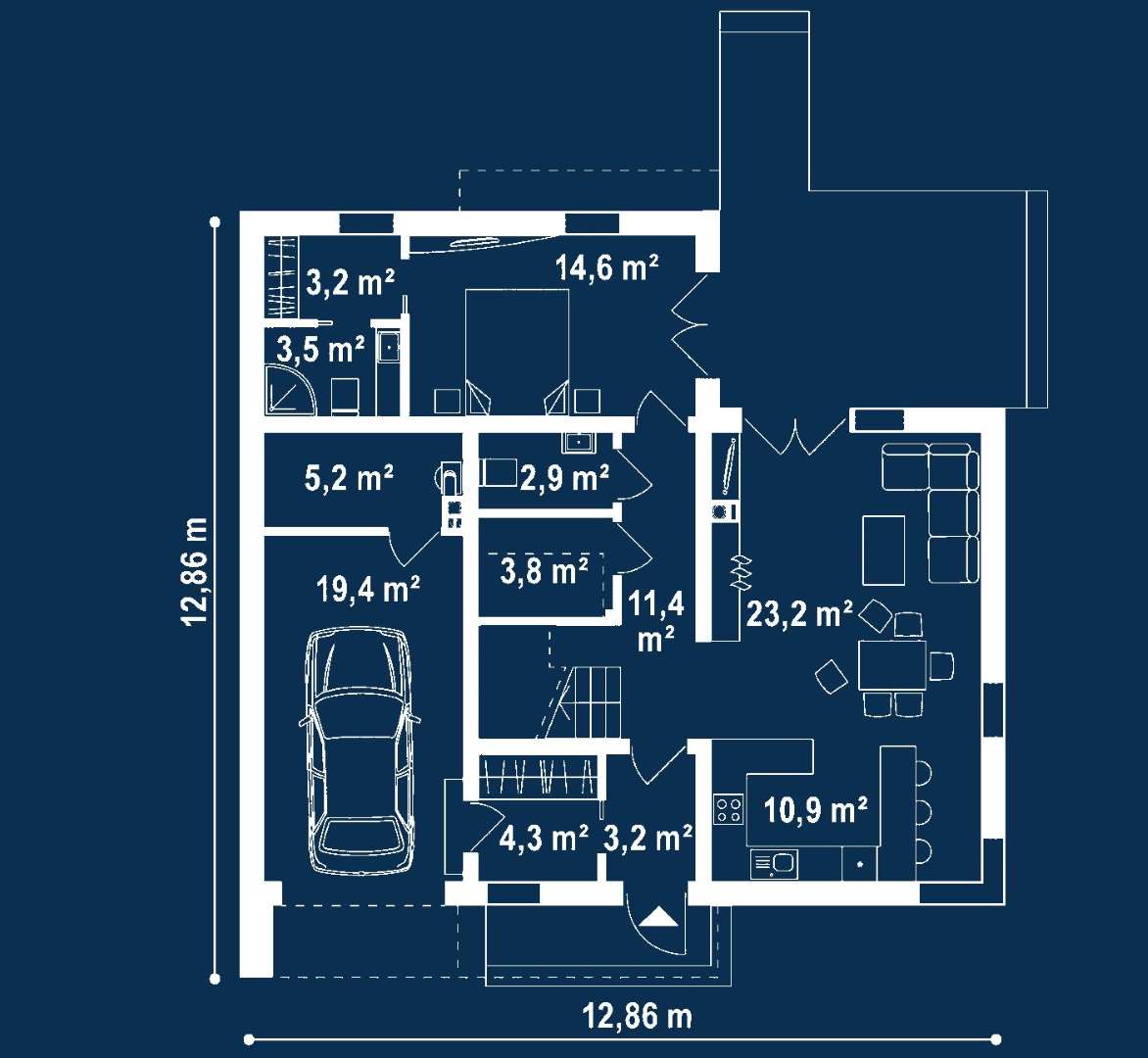 Plan parter Casă cu etaj 119 mp utili, un dormitor, 2 băi