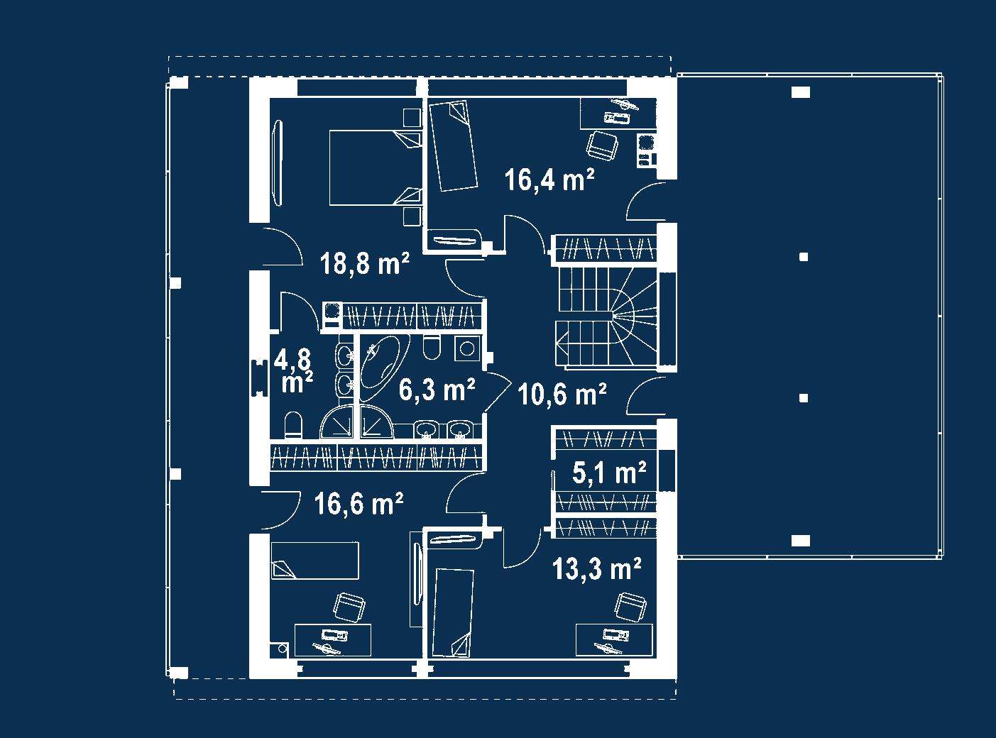 Plan etaj Casă cu etaj 186 mp utili, un dormitor, 3 băi