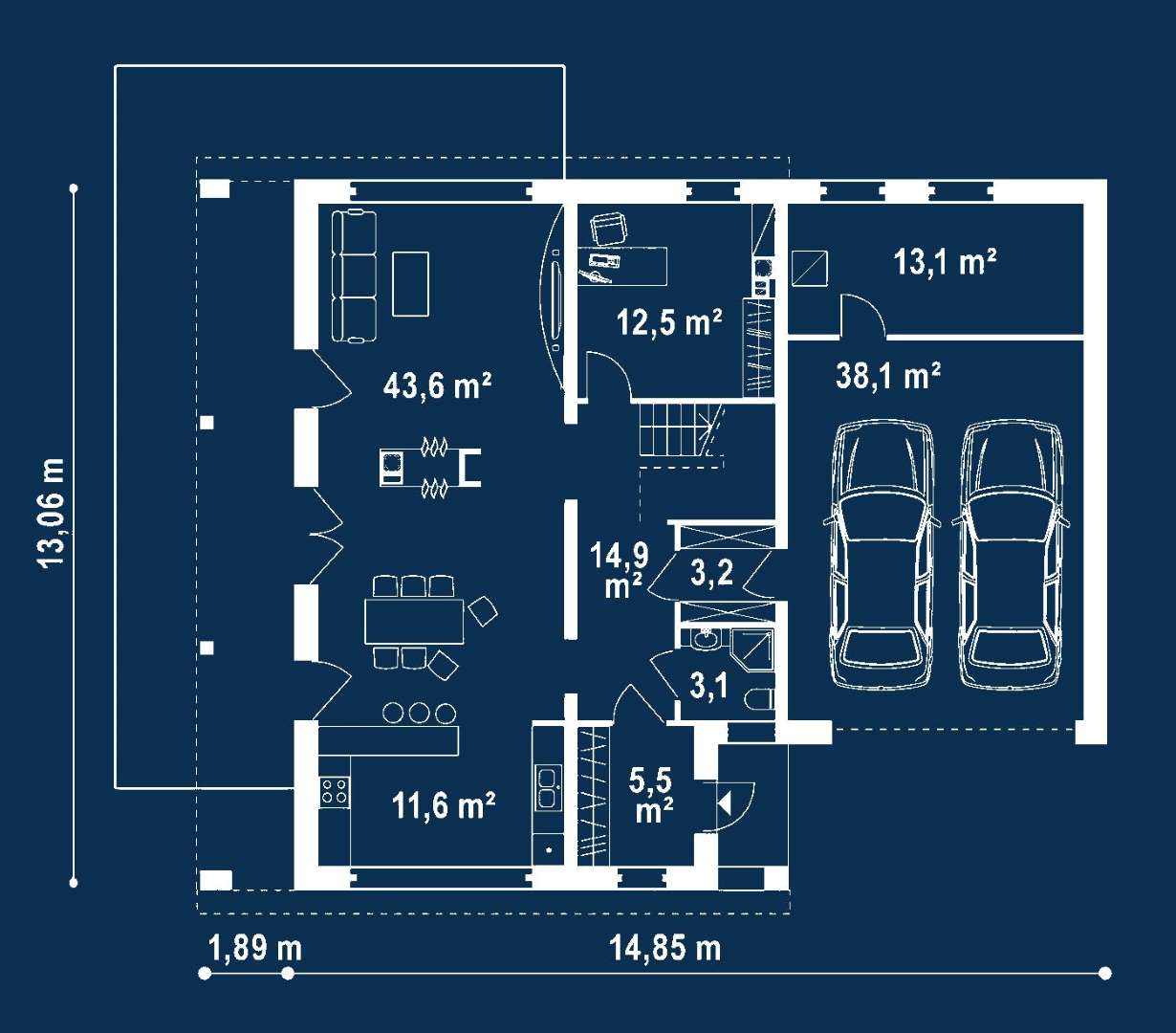 Plan parter Casă cu etaj 186 mp utili, un dormitor, 3 băi
