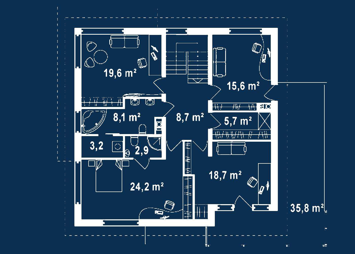 Plan etaj Casă cu etaj 206 mp utili, un dormitor, 3 băi