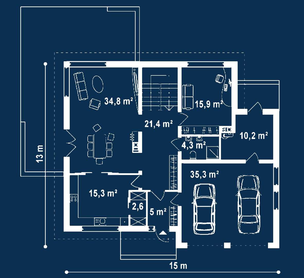 Plan parter Casă cu etaj 206 mp utili, un dormitor, 3 băi