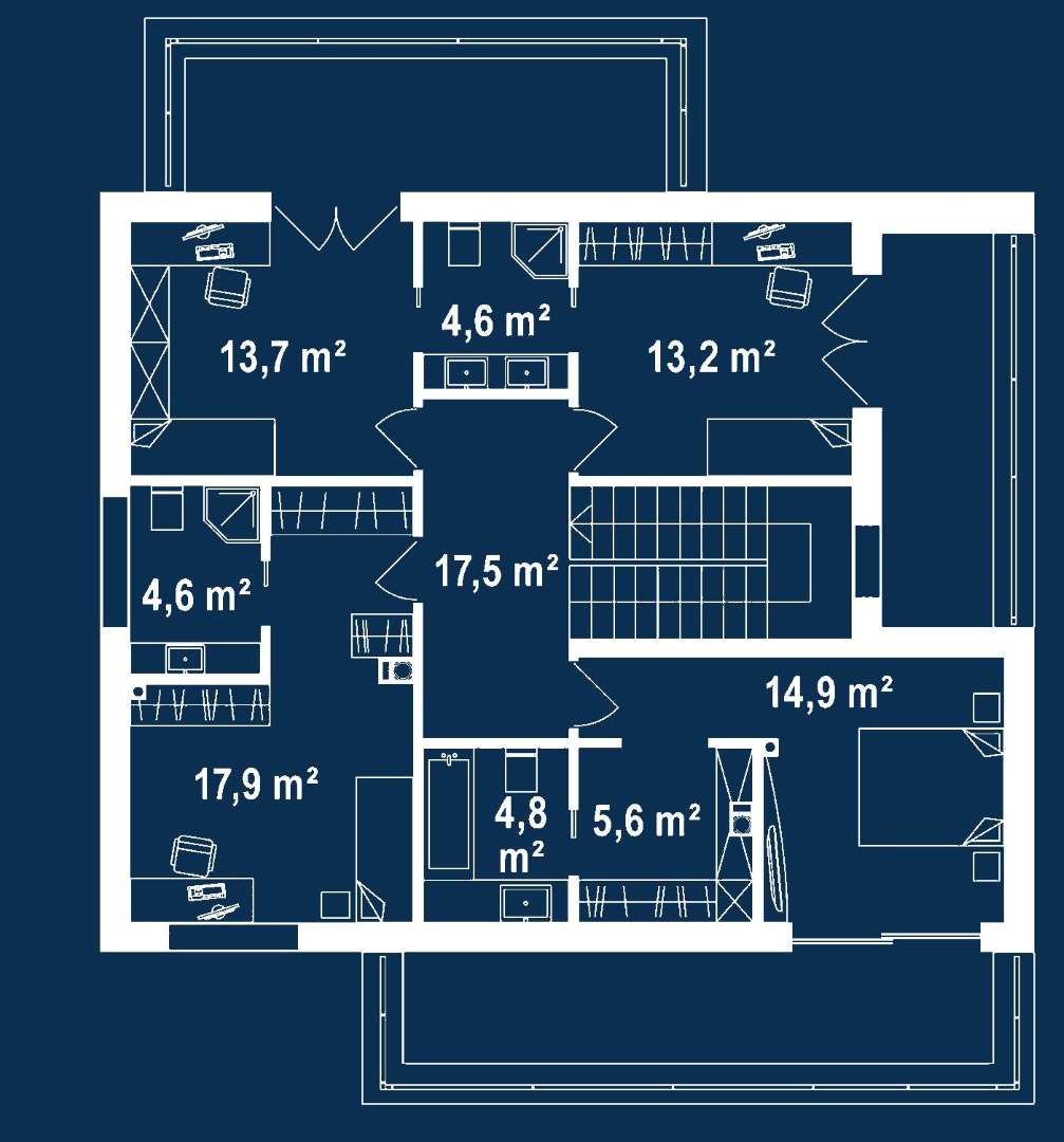 Plan etaj Casă cu etaj 169 mp utili, un dormitor, 4 băi
