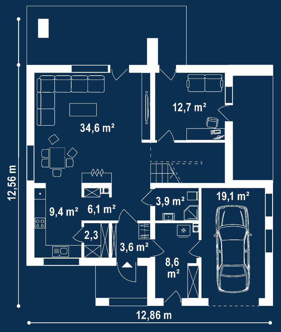 Plan parter Casă cu etaj 169 mp utili, un dormitor, 4 băi
