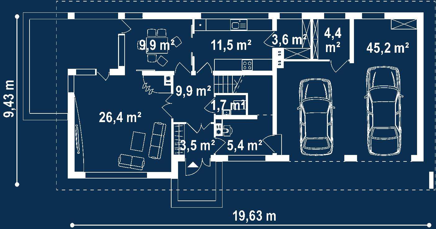 Plan parter Casă cu etaj 140 mp utili, un dormitor, o baie