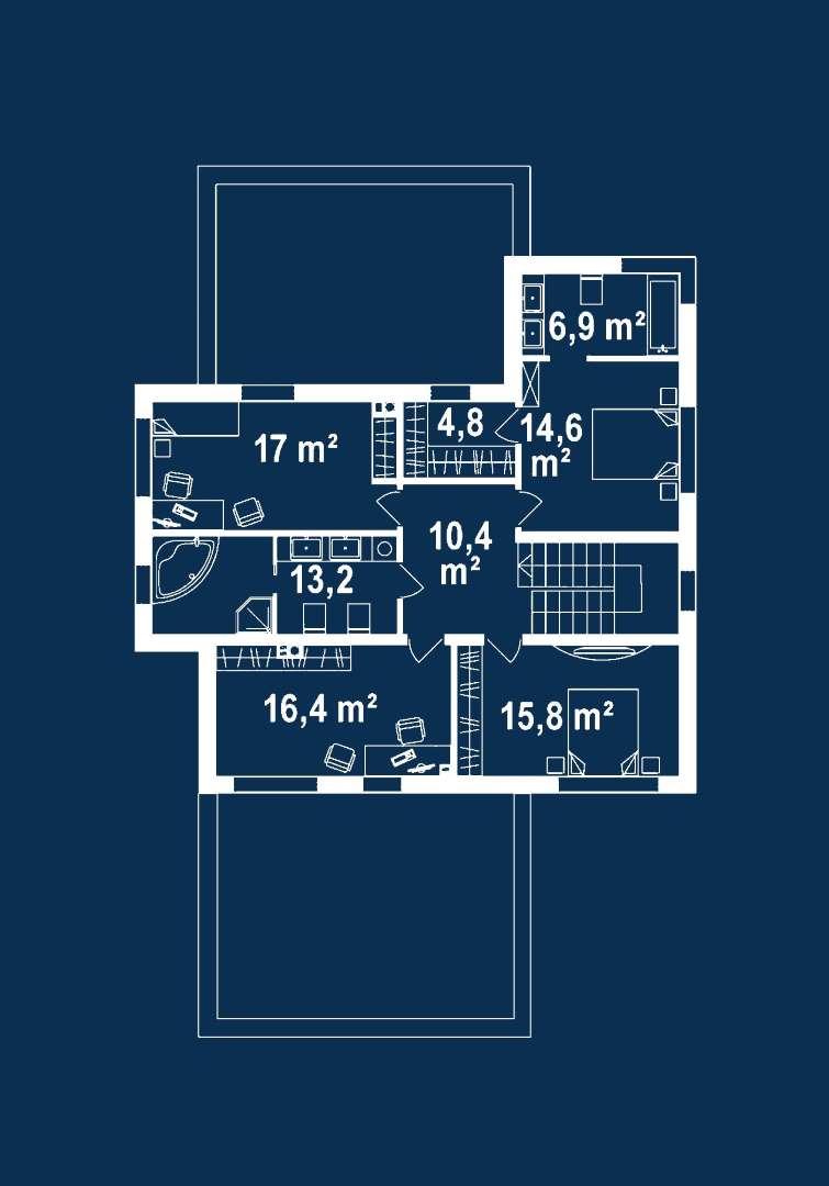Plan etaj Casă cu etaj 205 mp utili, un dormitor, 3 băi