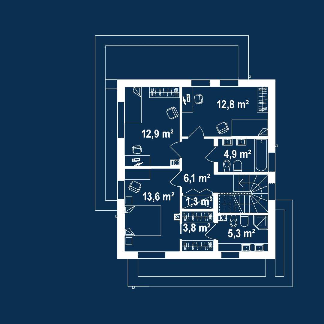 Plan etaj Casă cu etaj 121 mp utili, un dormitor, 3 băi