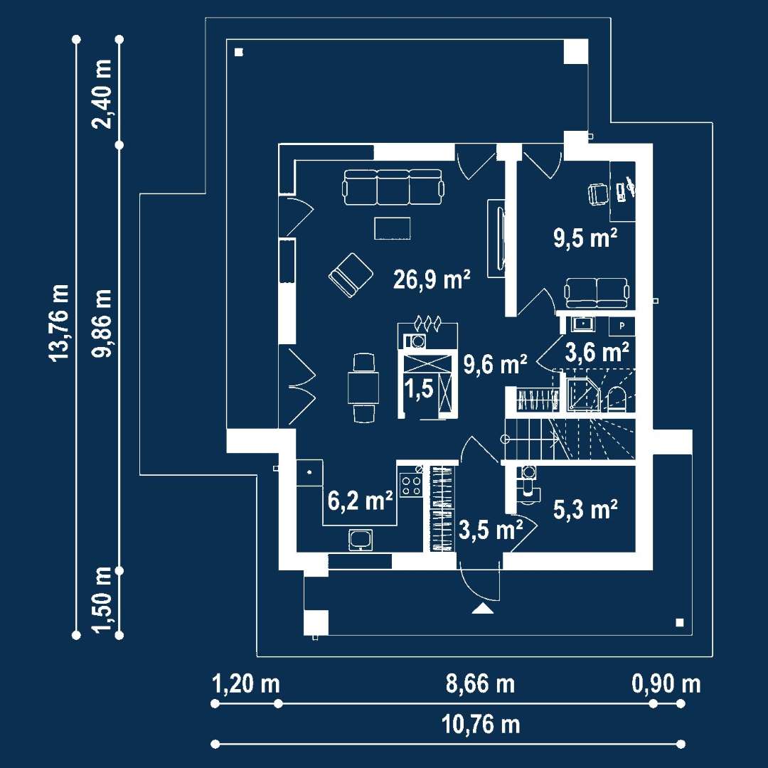 Plan parter Casă cu etaj 121 mp utili, un dormitor, 3 băi