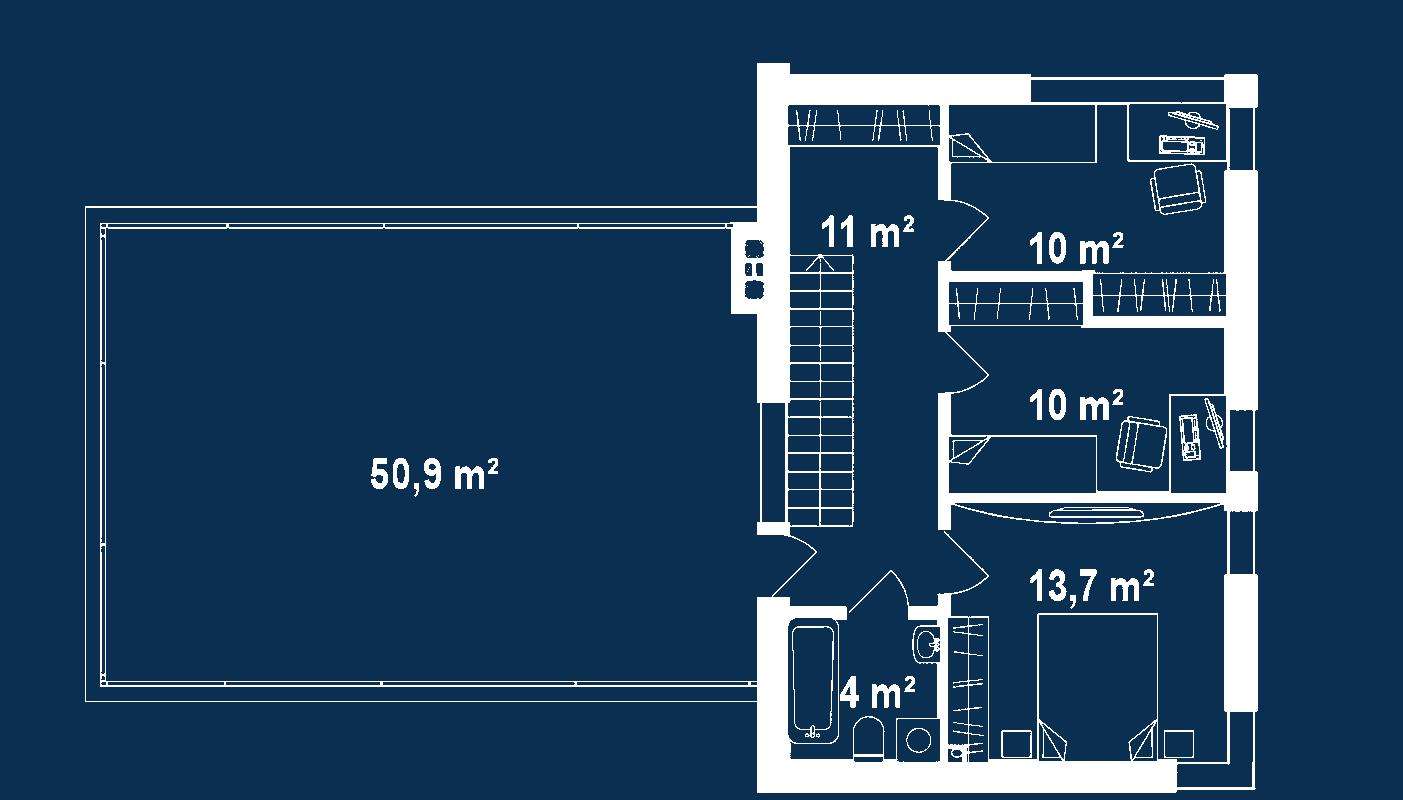 Plan etaj Casă cu etaj 95 mp utili, un dormitor, o baie