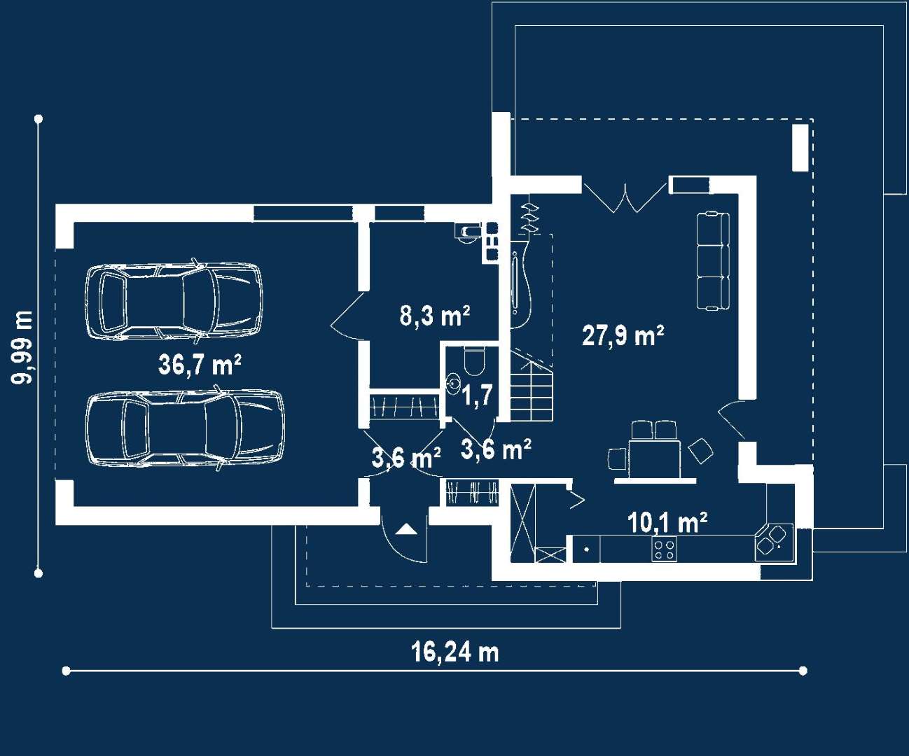 Plan parter Casă cu etaj 95 mp utili, un dormitor, o baie