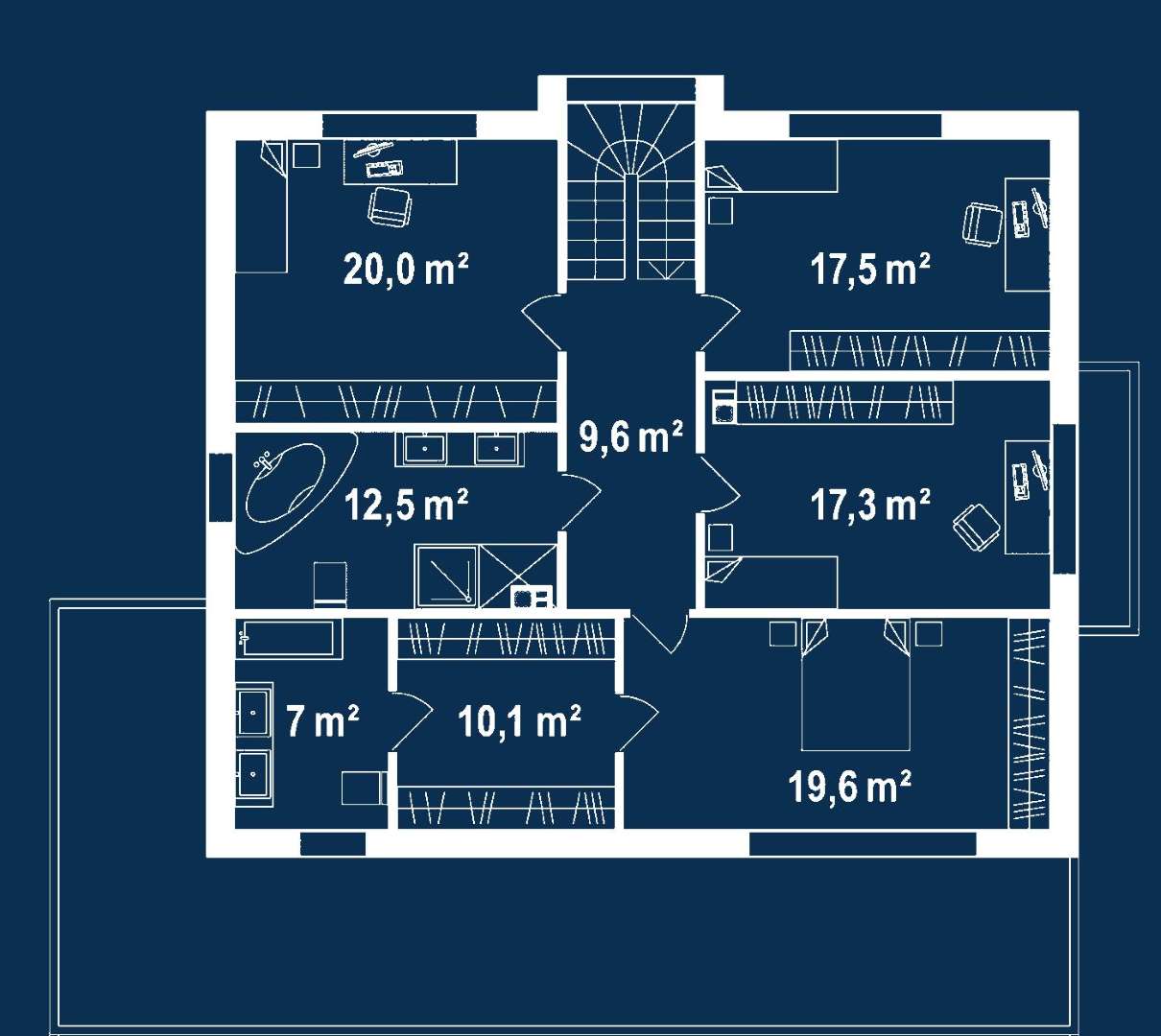 Plan etaj Casă cu etaj 203 mp utili, un dormitor, 3 băi