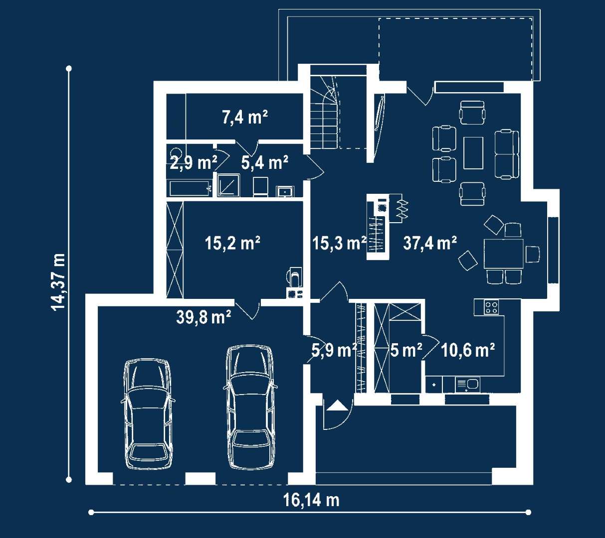 Plan parter Casă cu etaj 203 mp utili, un dormitor, 3 băi