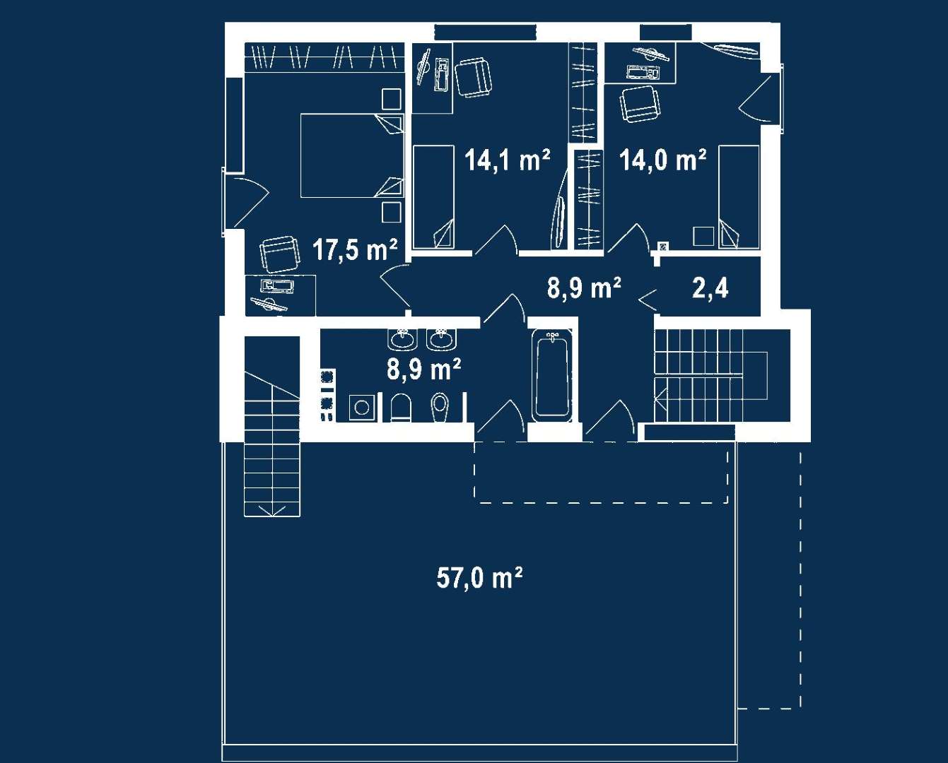 Plan etaj Casă cu etaj 139 mp utili, un dormitor, 2 băi