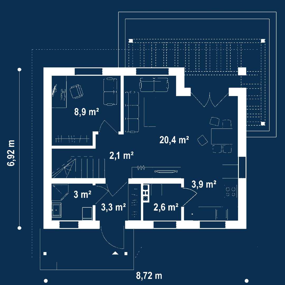 Plan parter Casă cu mansardă 74 mp utili, un dormitor, 2 băi