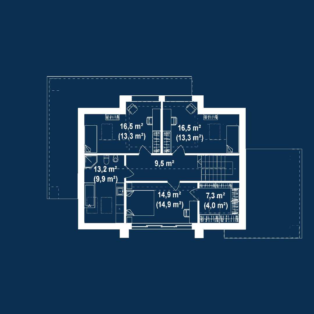 Plan mansardă Casă cu mansardă 142 mp utili, un dormitor, 2 băi