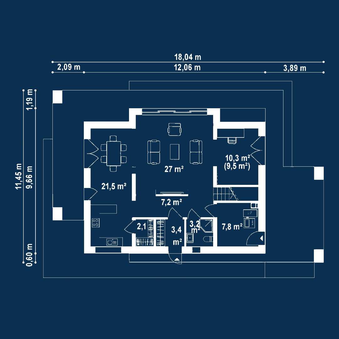 Plan parter Casă cu mansardă 142 mp utili, un dormitor, 2 băi