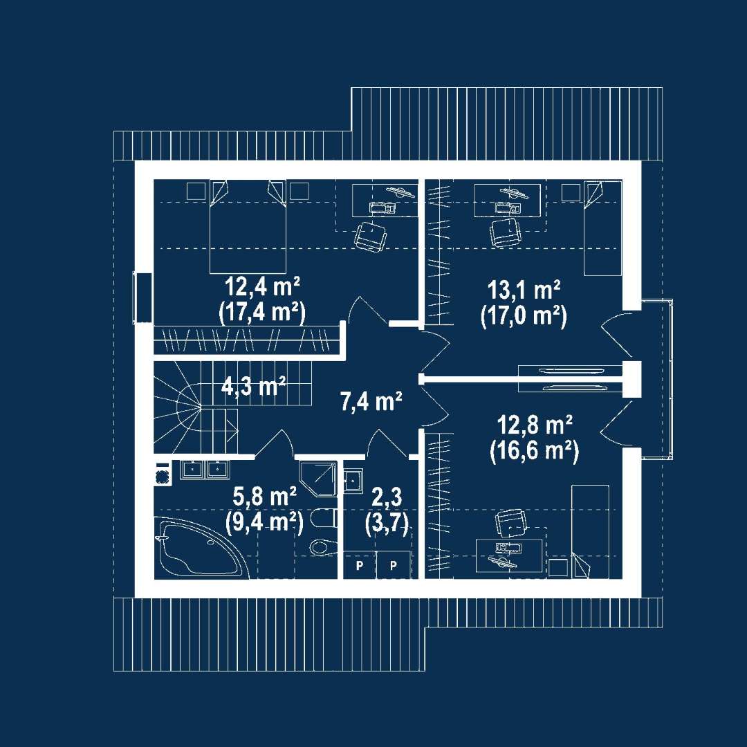 Plan mansardă Casă cu mansardă 118 mp utili, un dormitor, o baie