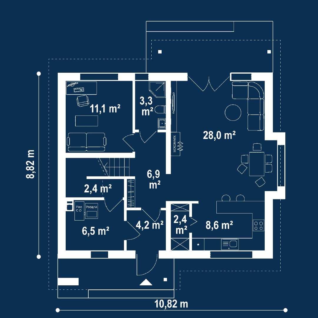 Plan parter Casă cu mansardă 118 mp utili, un dormitor, o baie