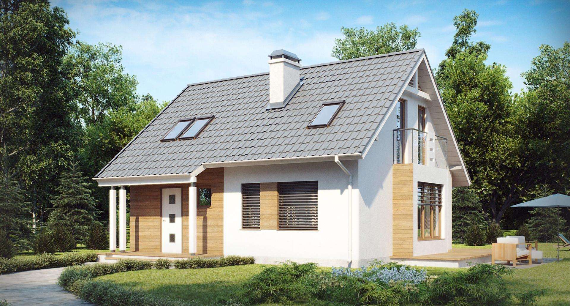 Fatada Casă cu mansardă 93 mp utili, un dormitor, 2 băi