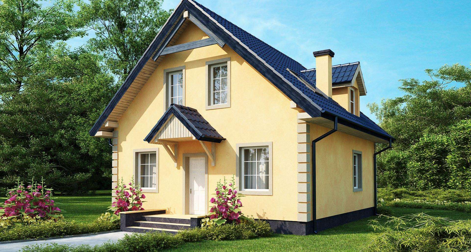 Fatada Casă cu mansardă 90 mp utili, un dormitor, o baie