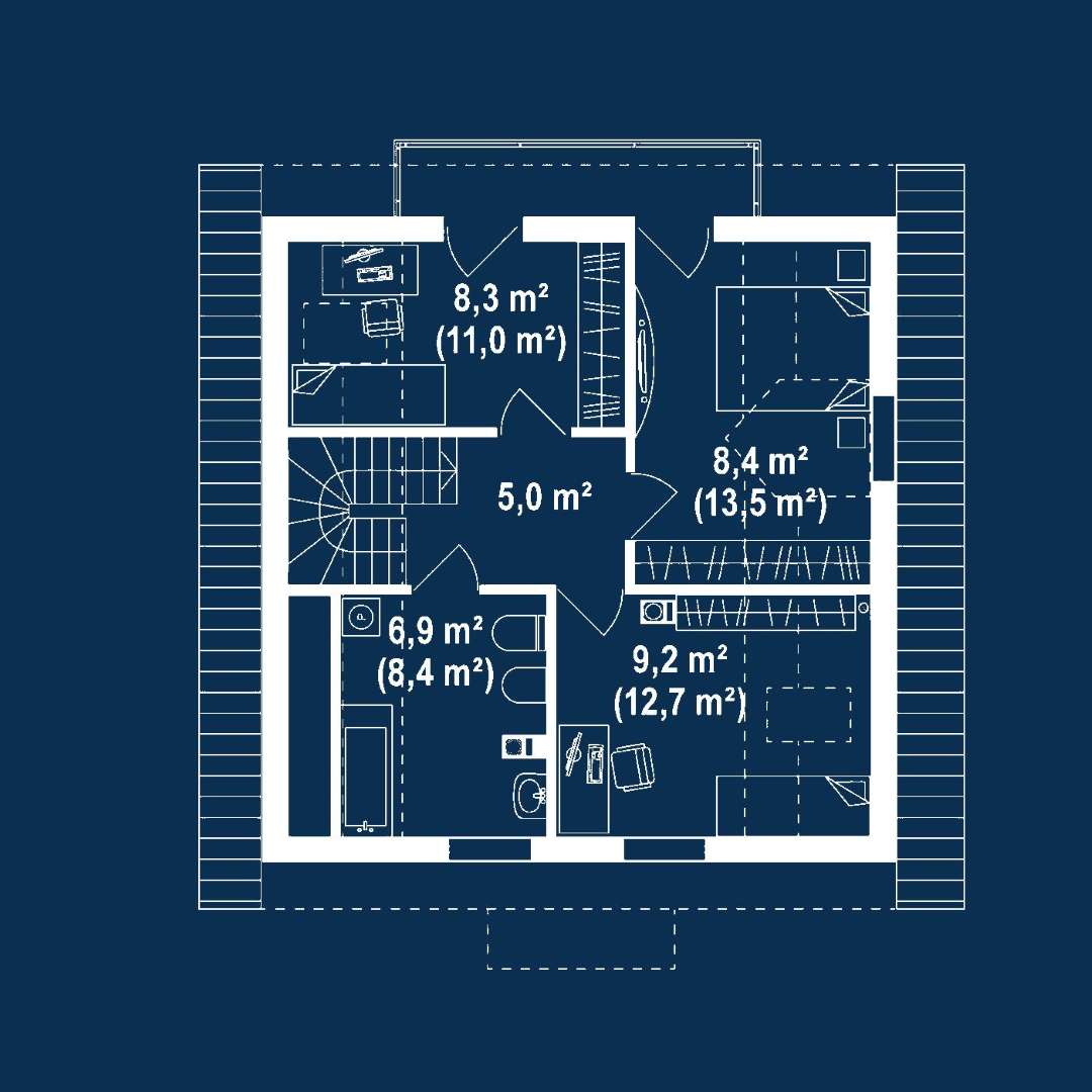 Plan mansardă Casă cu mansardă 90 mp utili, un dormitor, o baie
