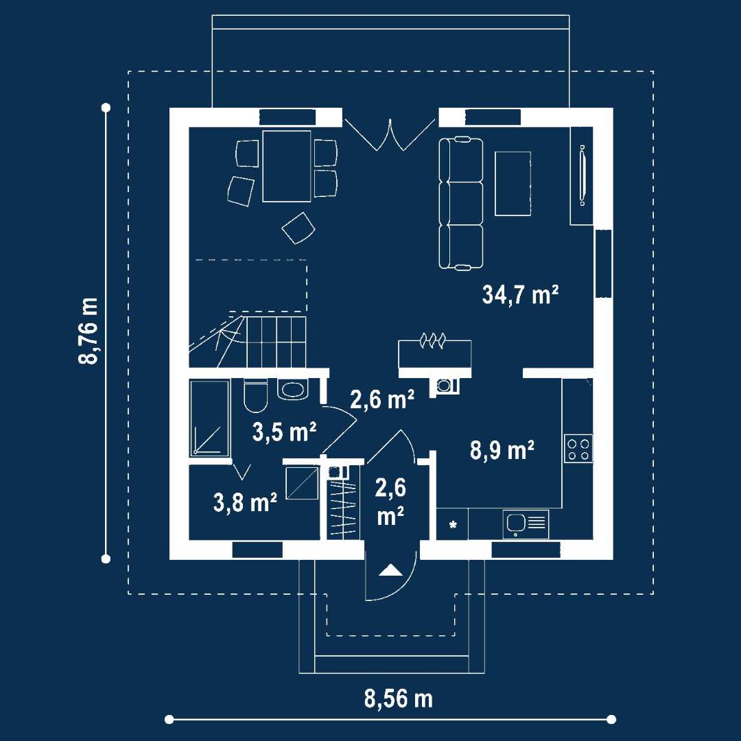 Plan parter Casă cu mansardă 90 mp utili, un dormitor, o baie