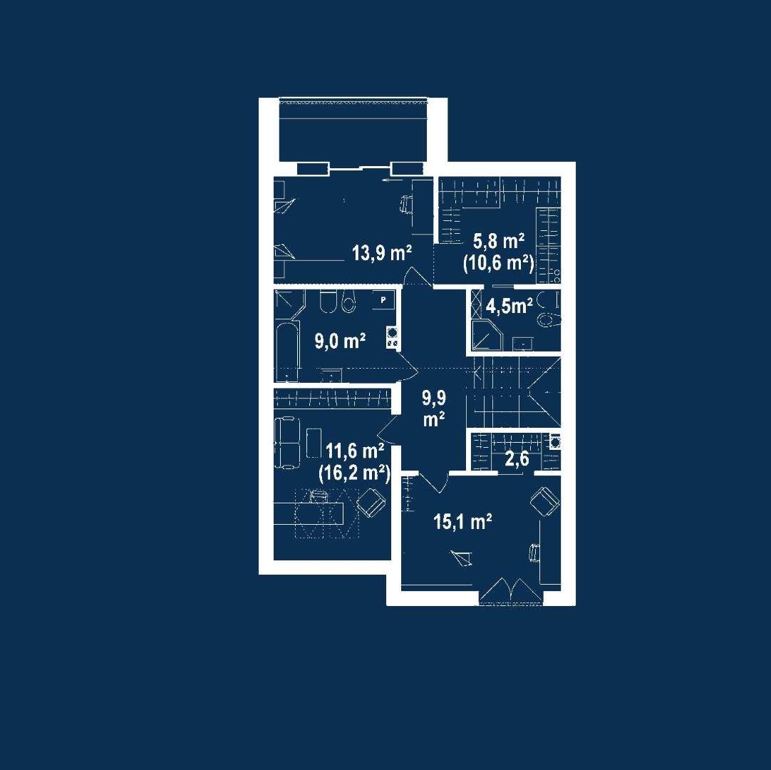 Plan mansardă Casă cu mansardă 130 mp utili, un dormitor, 2 băi