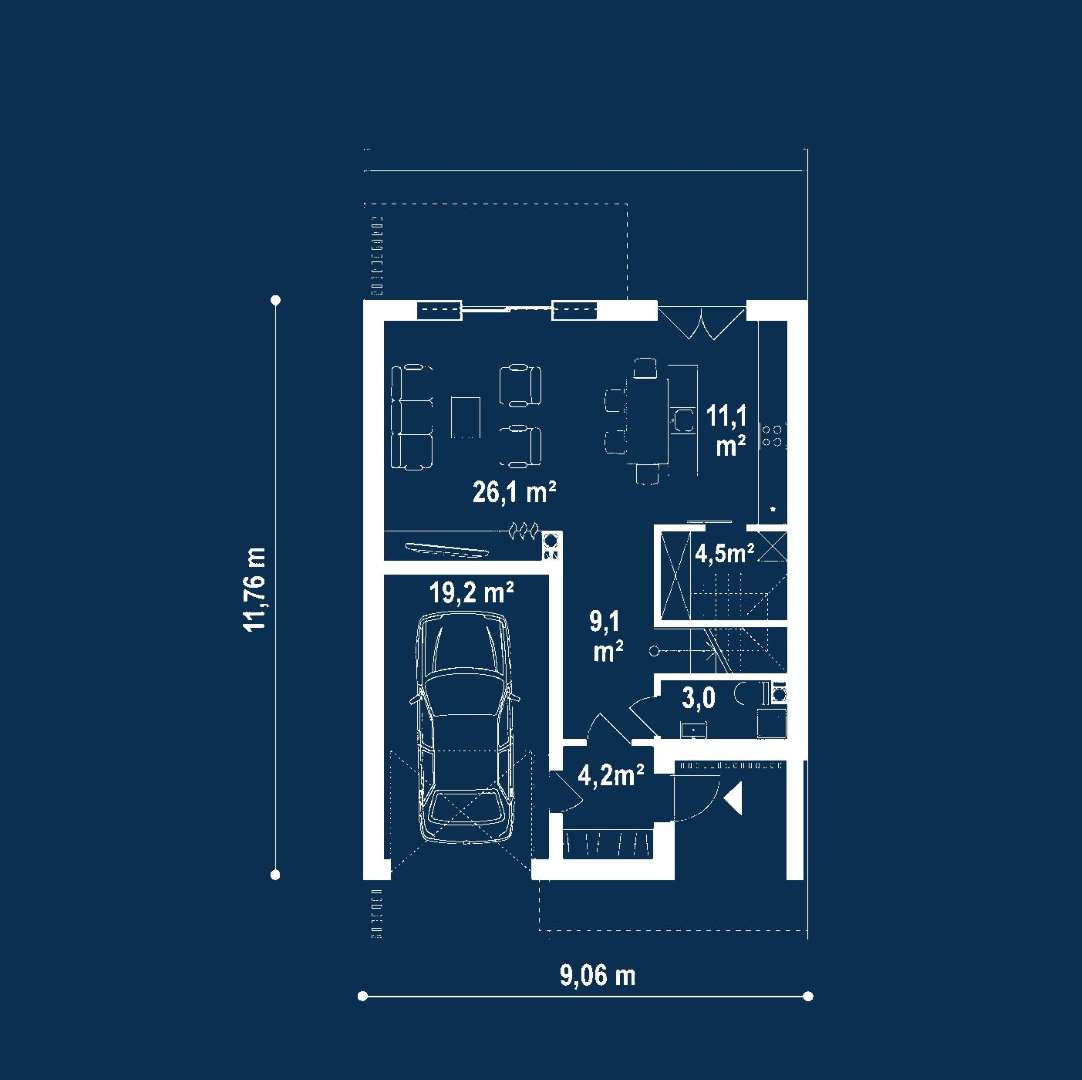 Plan parter Casă cu mansardă 130 mp utili, un dormitor, 2 băi