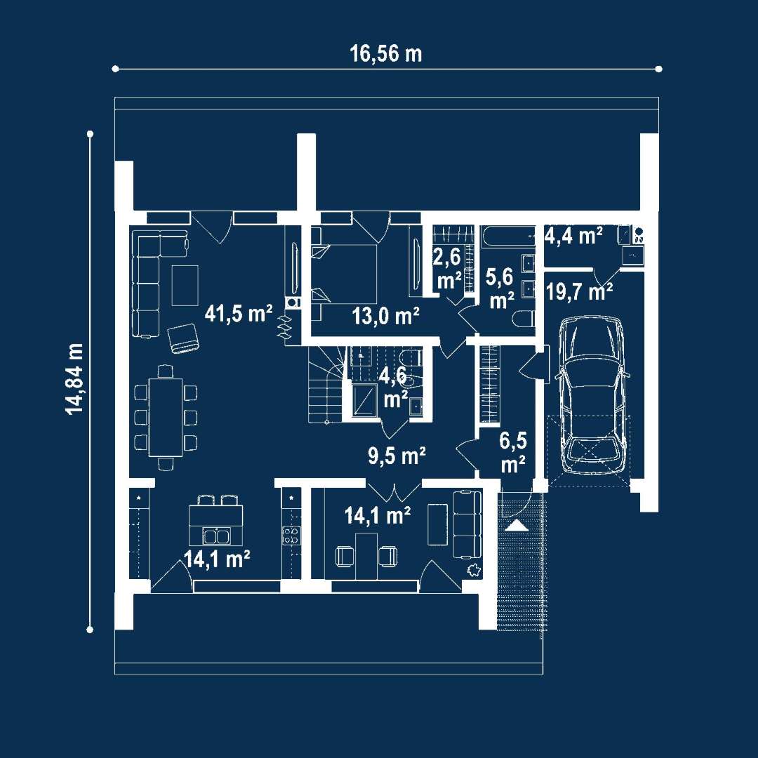 Plan parter Casă cu mansardă 152 mp utili, un dormitor, 4 băi