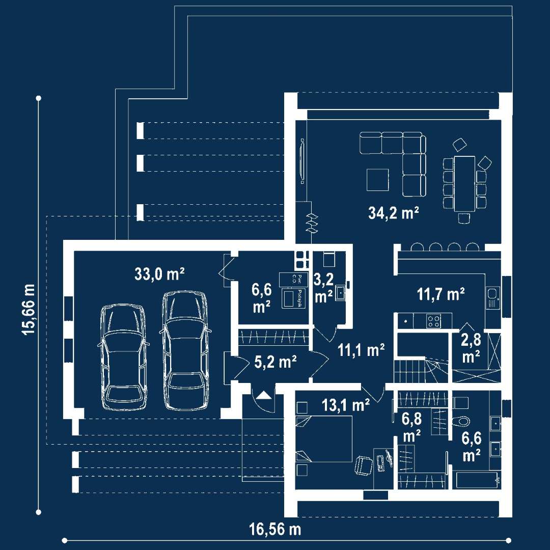 Plan parter Casă cu mansardă 179 mp utili, un dormitor, 3 băi