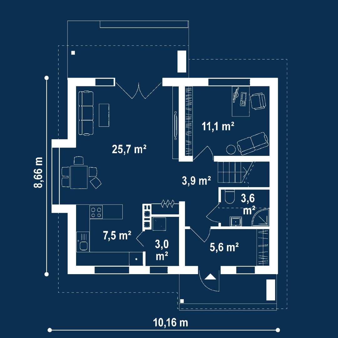 Plan parter Casă cu mansardă 100 mp utili, un dormitor, 2 băi