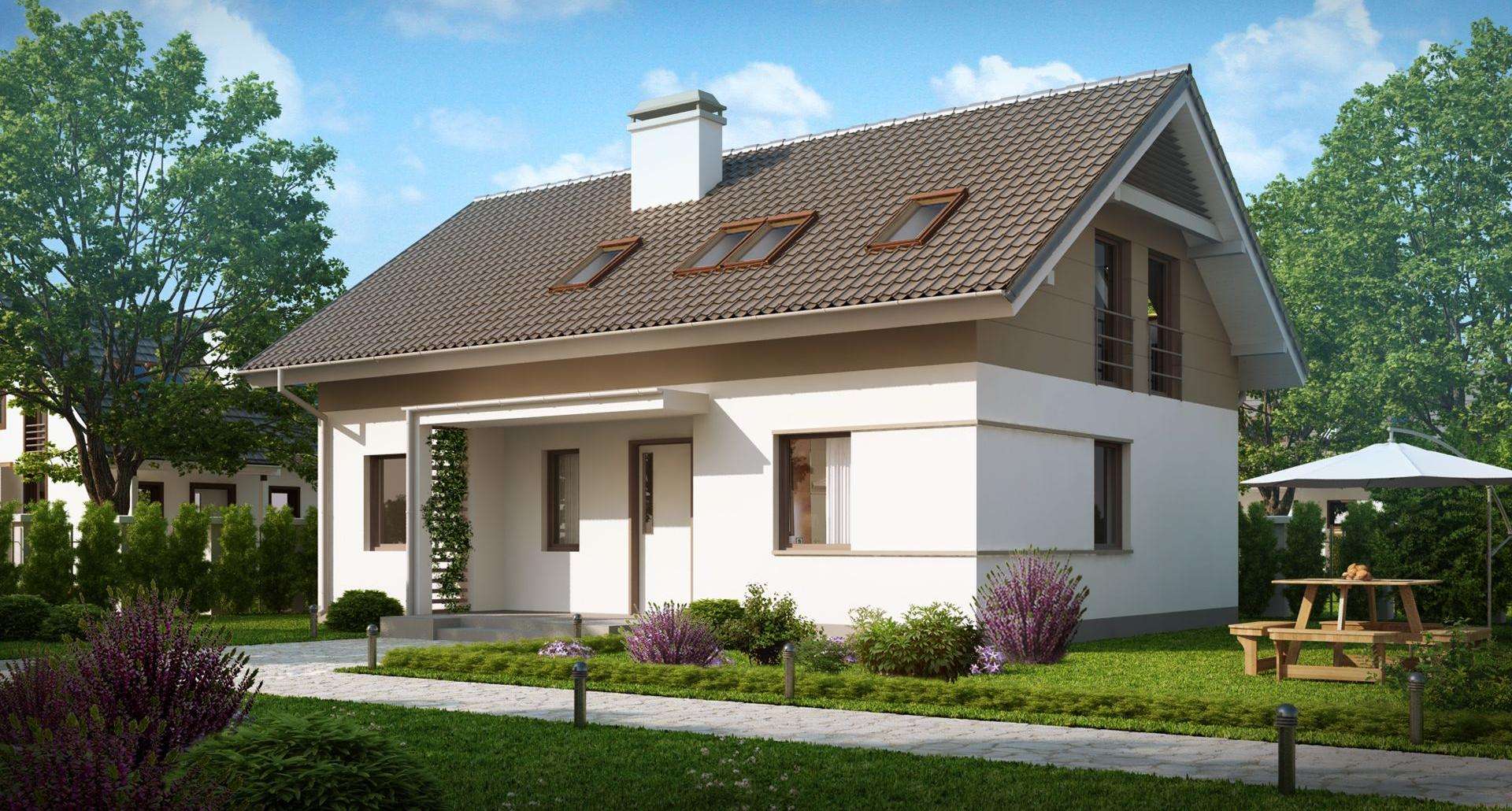 Fatada Casă cu mansardă 120 mp utili, un dormitor, 3 băi