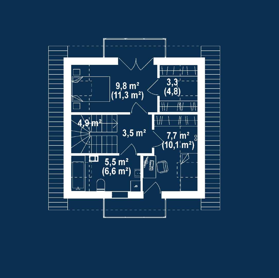 Plan mansardă Casă cu mansardă 68 mp utili, un dormitor, o baie