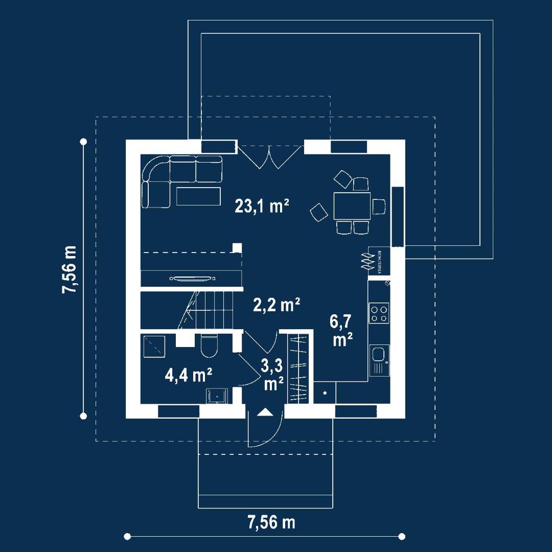 Plan parter Casă cu mansardă 68 mp utili, un dormitor, o baie