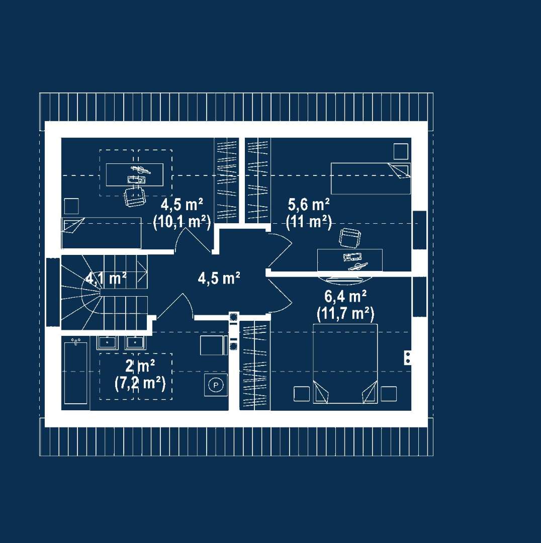 Plan mansardă Casă cu mansardă 65 mp utili, un dormitor, 2 băi