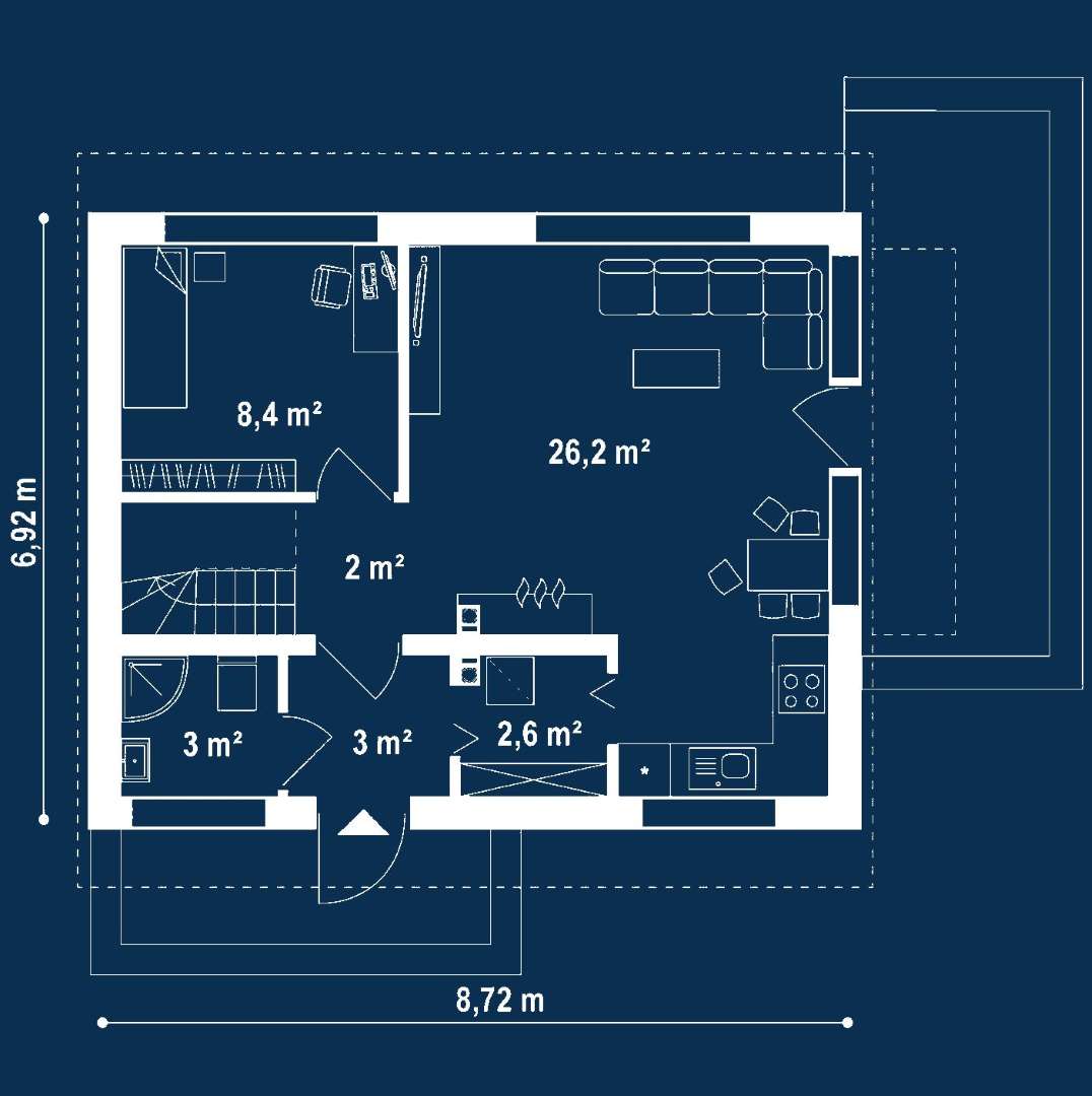 Plan parter Casă cu mansardă 65 mp utili, un dormitor, 2 băi