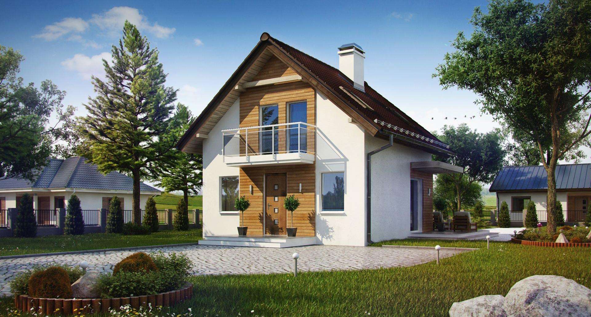 Fatada Casă cu mansardă 69 mp utili, un dormitor, o baie