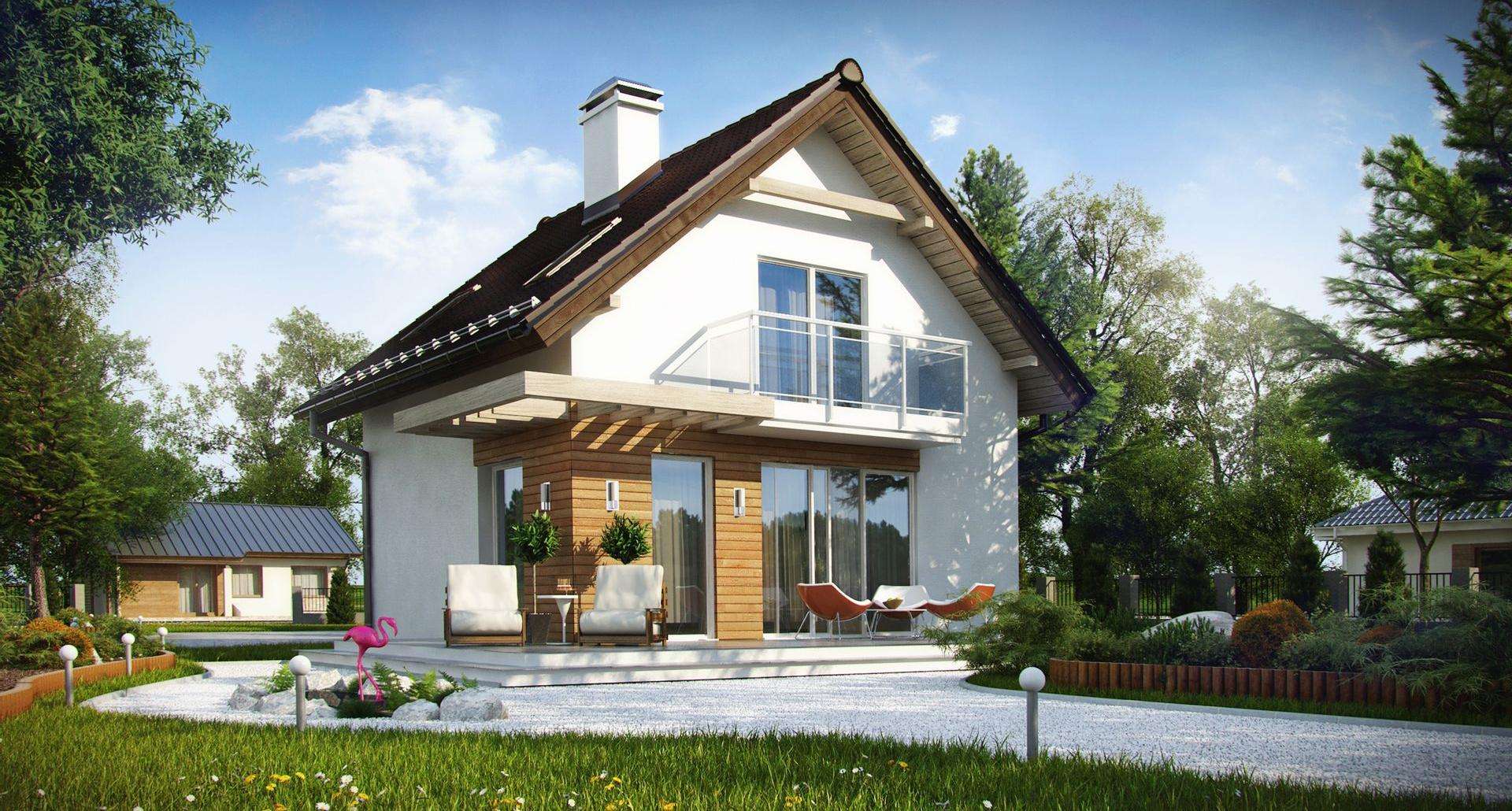 Fatada Casă cu mansardă 69 mp utili, un dormitor, o baie
