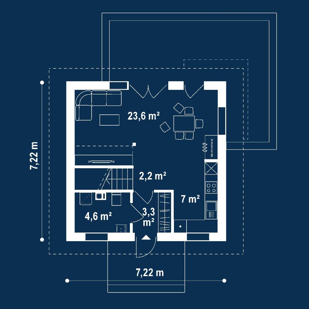 Plan parter Casă cu mansardă 69 mp utili, un dormitor, o baie
