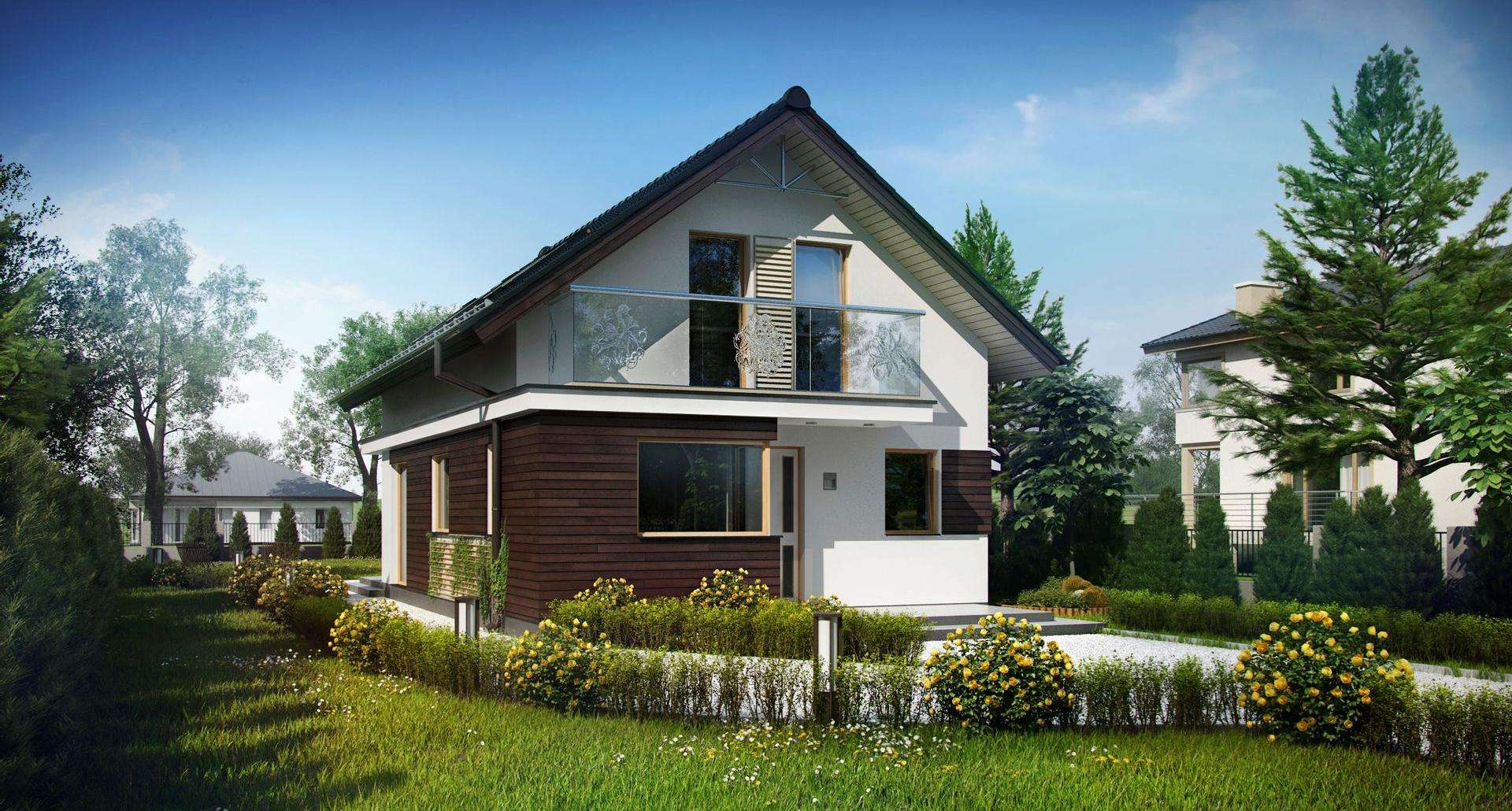 Fatada Casă cu mansardă 97 mp utili, un dormitor, 2 băi