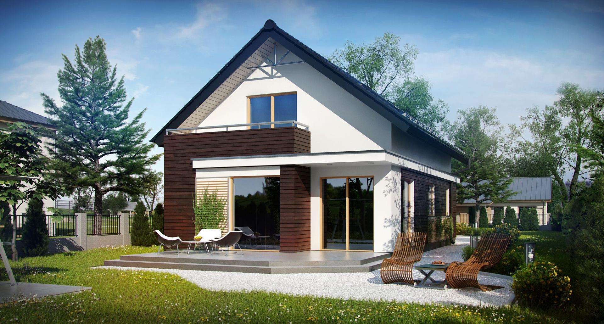 Fatada Casă cu mansardă 97 mp utili, un dormitor, 2 băi