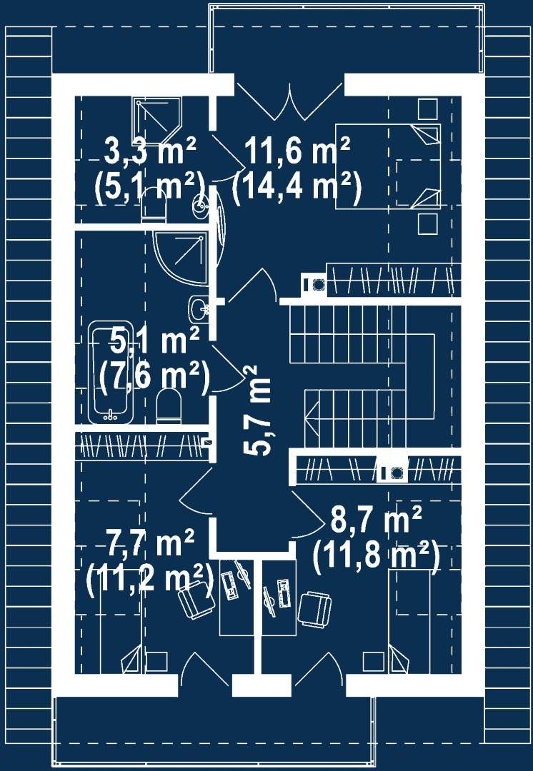 Plan mansardă Casă cu mansardă 97 mp utili, un dormitor, 2 băi