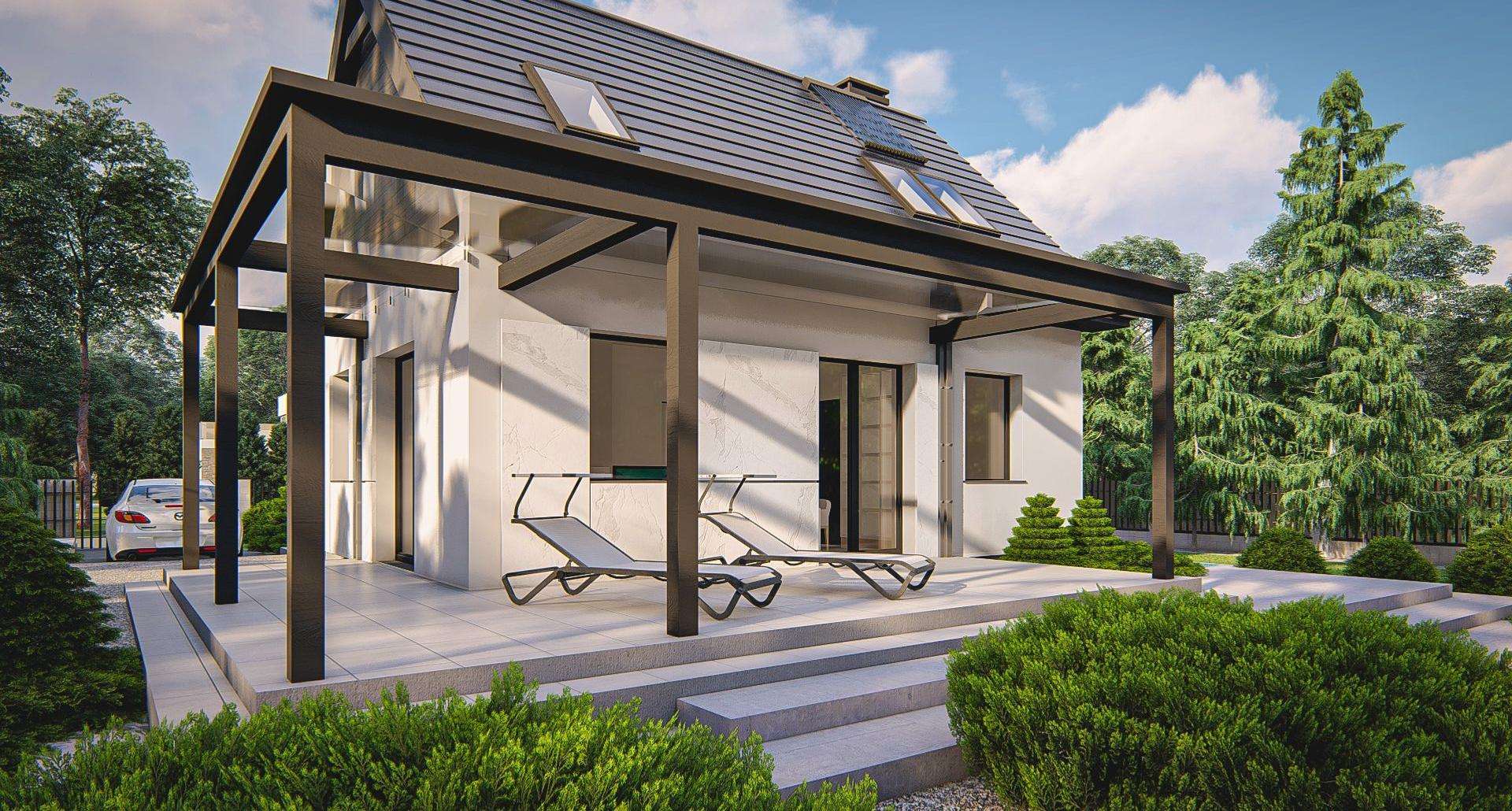 Fatada Casă cu mansardă 62 mp utili, un dormitor, 2 băi