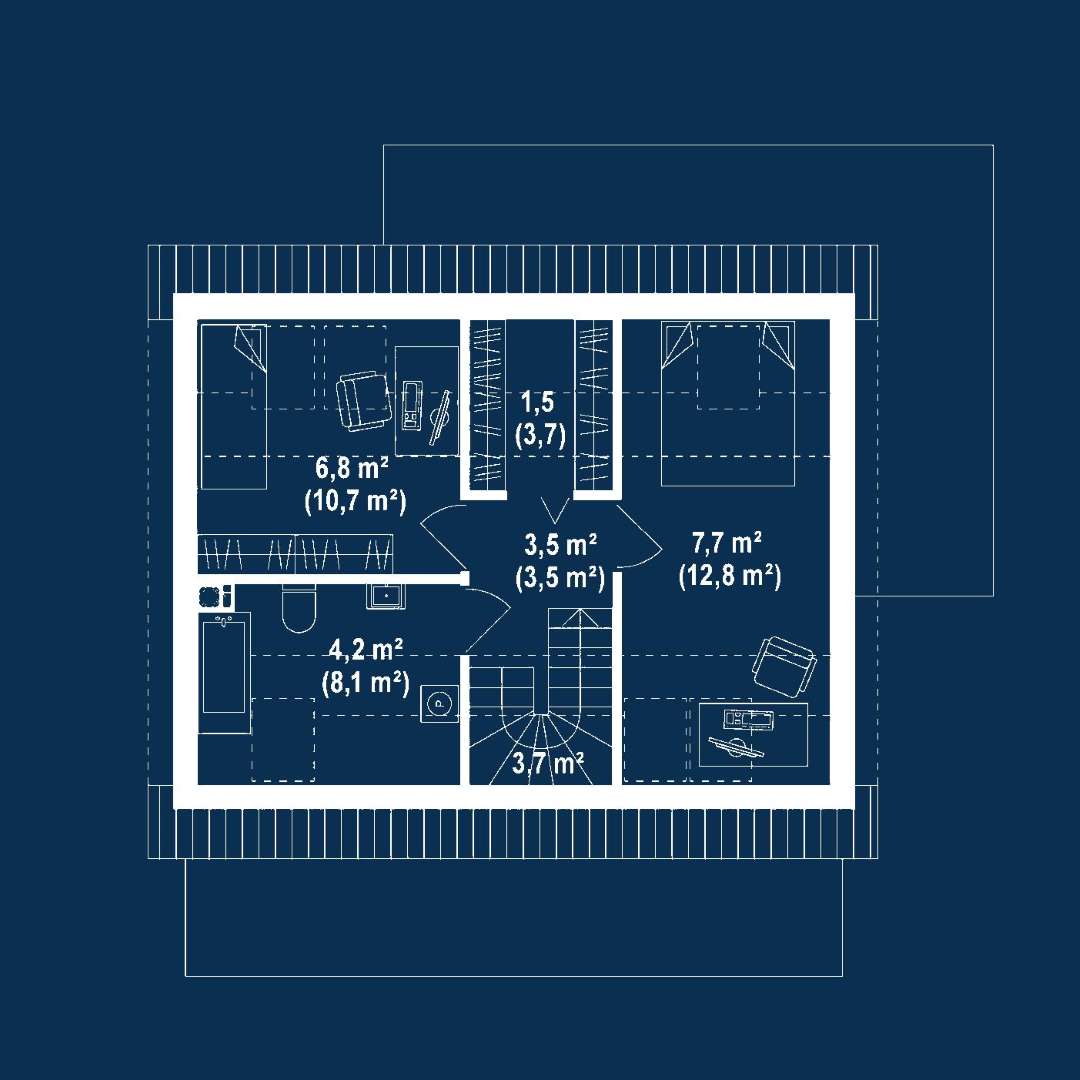 Plan mansardă Casă cu mansardă 62 mp utili, un dormitor, 2 băi