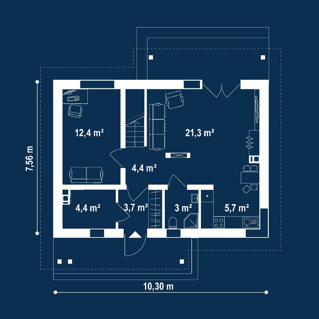 Plan parter Casă cu mansardă 88 mp utili, un dormitor, 2 băi