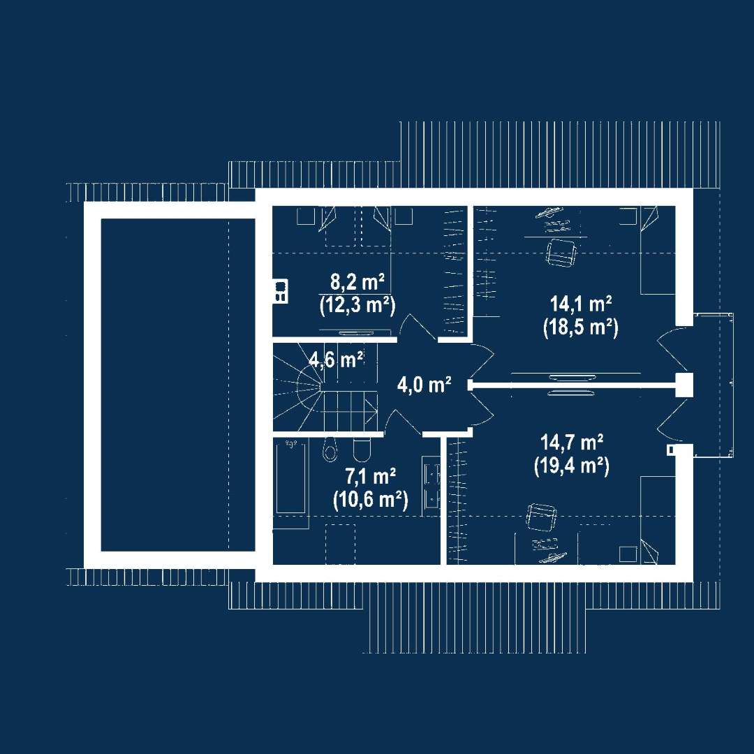 Plan mansardă Casă cu mansardă 116 mp utili, un dormitor, 2 băi