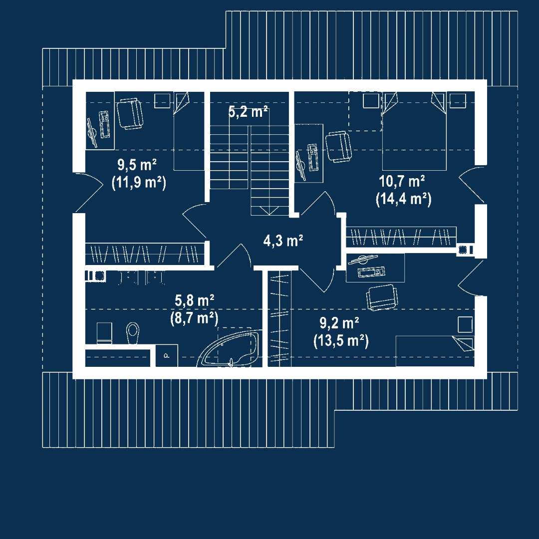 Plan mansardă Casă cu mansardă 88 mp utili, un dormitor, 2 băi