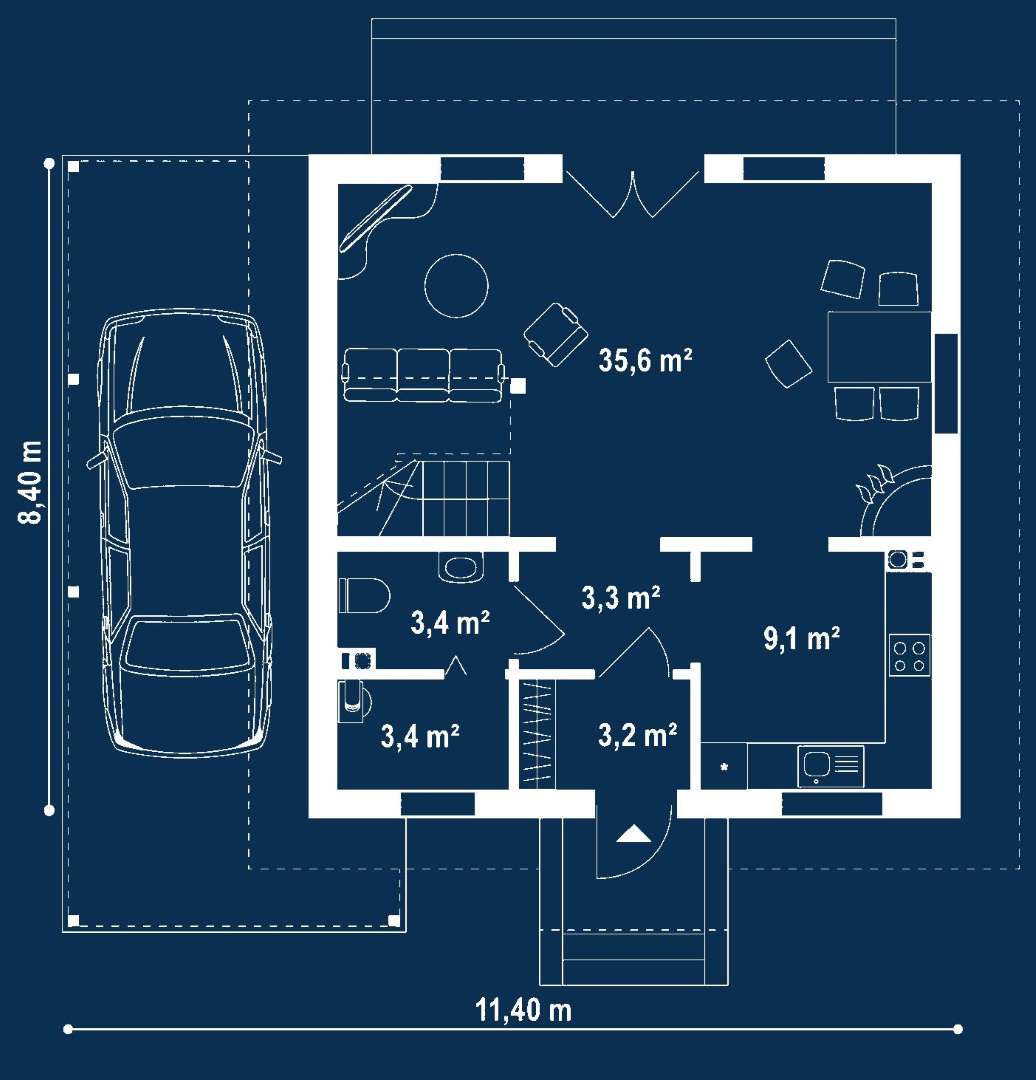 Plan parter Casă cu mansardă 92 mp utili, un dormitor, 2 băi
