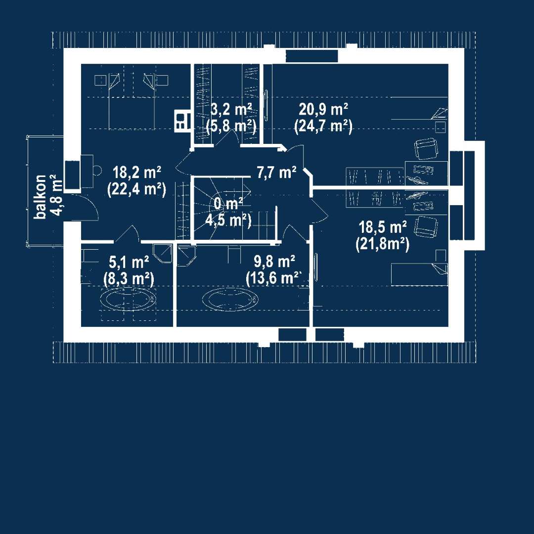 Plan mansardă Casă cu mansardă 156 mp utili, un dormitor, 2 băi