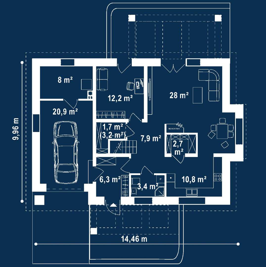 Plan parter Casă cu mansardă 156 mp utili, un dormitor, 2 băi